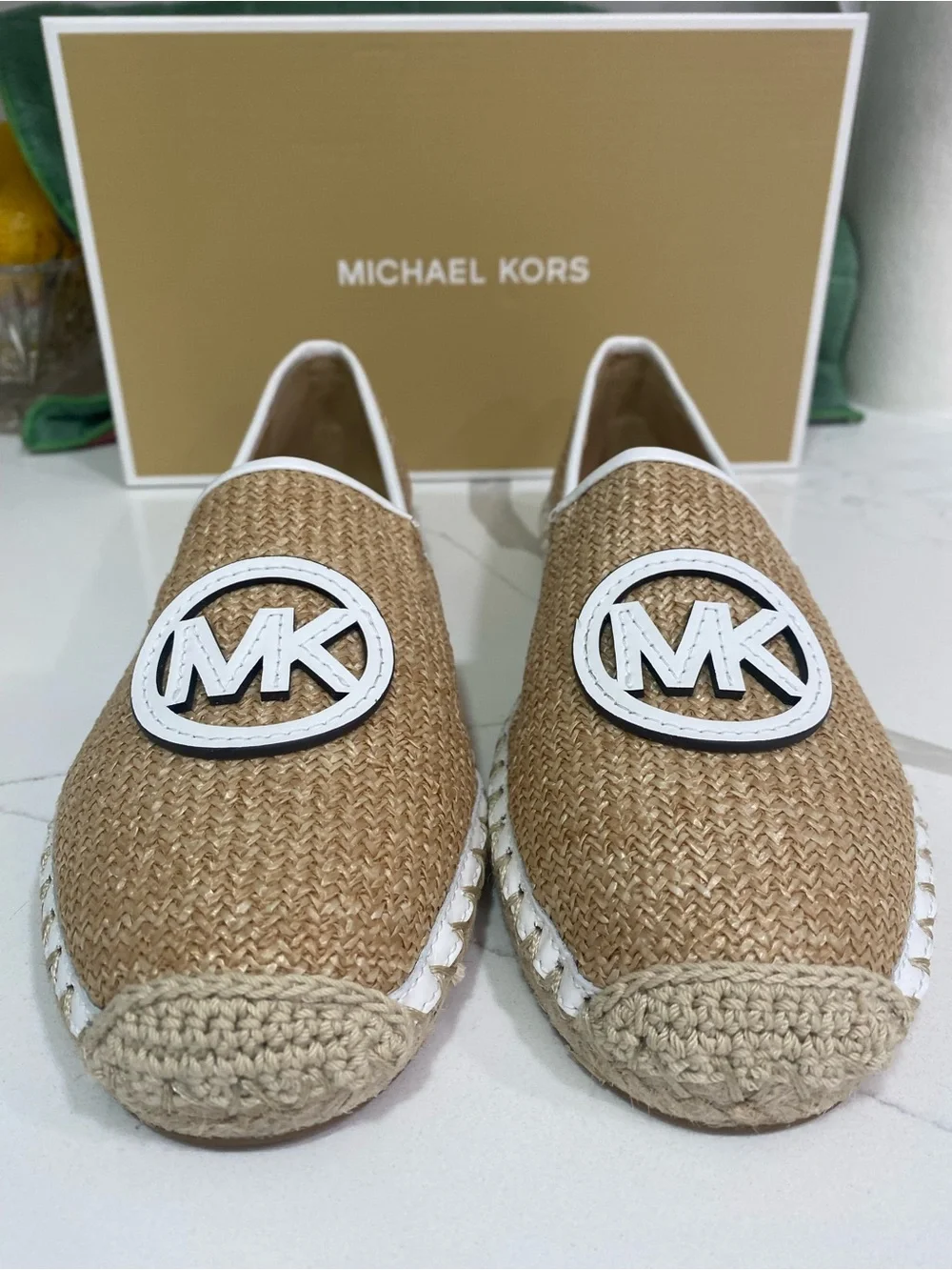 Michael Kors Tan Raffia Slip-On Loafers with White MK Emblem